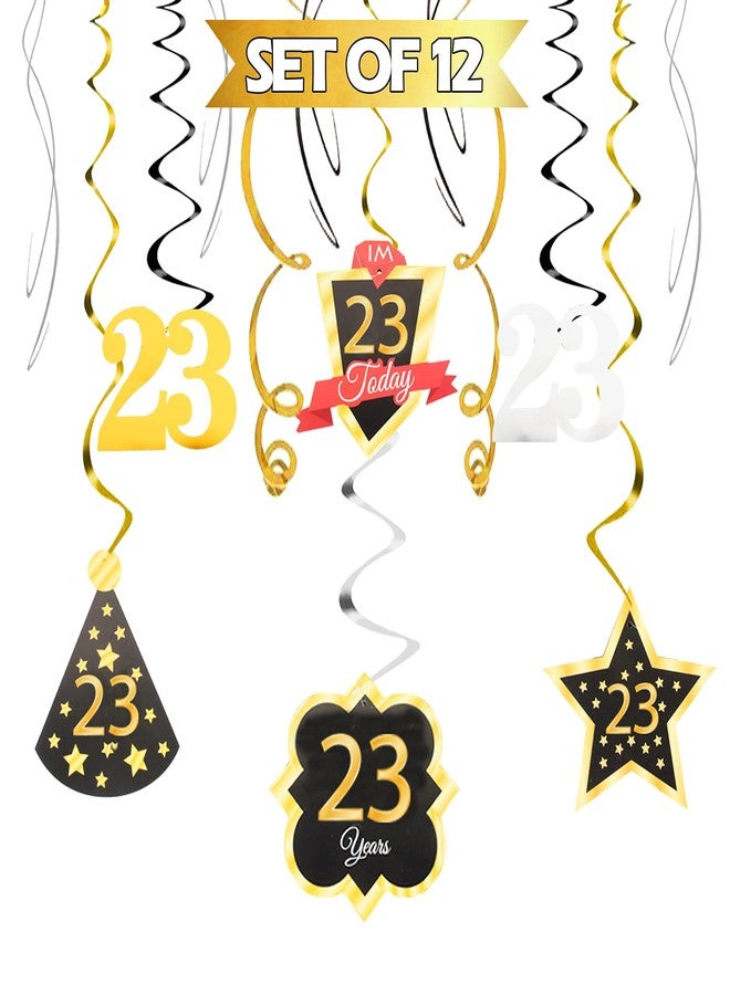 LINGTEER Happy 23rd Birthday Decorations - 12Pcs Birthday Black & Gold Swirls Streamer Set,Cheers to 23 Years Old Bday Party Decorations Gift Sign. - Image 1